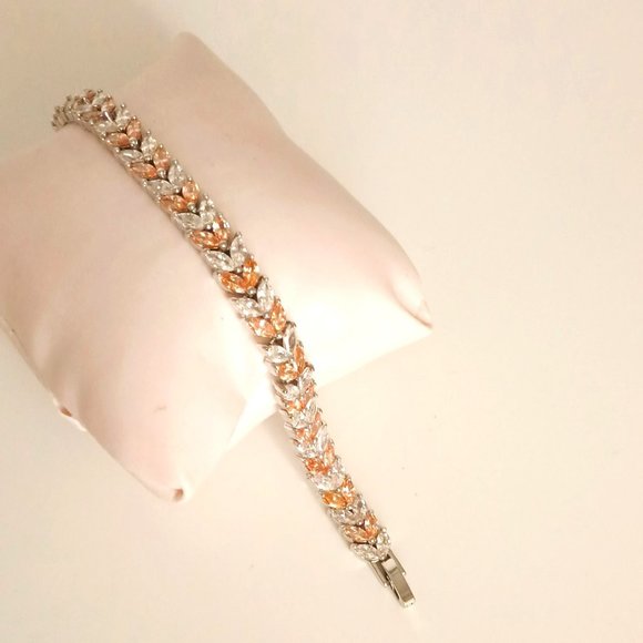 Marquise Cut Two Row Tennis Bracelet 7" Silver Tone Clear & Honey Rhinestones - Picture 2 of 6